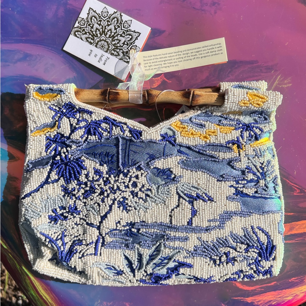NWT Artisan Beaded Clutch Bamboo Handles Blue & White Floral